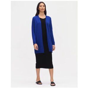 EILEEN FISHER Organic Linen Blend Cardigan Longline Blue Sheer Knit size XL